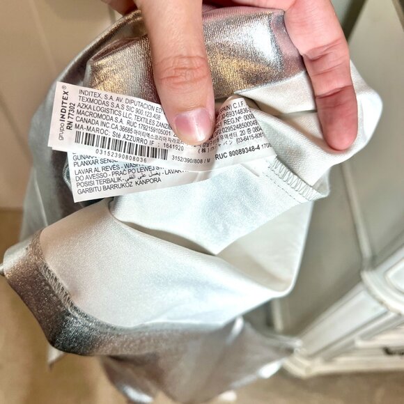 Zara Metallic Silver Strapless Midi Bodycon Dress Split in Back Clubwear M NWT - Picture 7 of 7